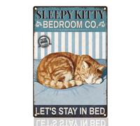 Doodlearm Sleepy Kitty Tin Sign Funny Cat Metal Wall Decor 20x30 cm Let‘s Stay in Bed Wall Art Poster for Bedroom Living Room Hotel Dorm Apartment Decor Gift