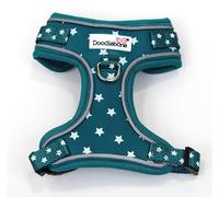 Doodlebone - Adjustable Airmesh Harness - Over Head Dog Harness with Adjustable Neck and Chest, Dual D Rings, Breathable Mesh and Reflective Trim for Walkies - Size 4-7 - Teal Stars Glow in Dark