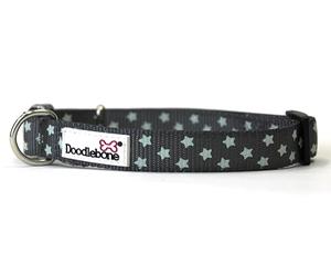 Doodlebone - Padded Dog Collar - Adjustable Breathable Comfort Collar with Reflective Stitching, Strong D Ring & Durable Metal Buckle for Daily Walks - Size 6-11 50-70cm - Grey Stars Glow In The Dark