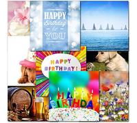 doodlecards 10x Mixed Family Happy Birthday Square Cards with envelopes. Multipack Cupcakes Dogs, Beer, Flowers, Sailing Boat cards. Made in the UK.