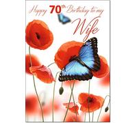 doodlecards 70th Wife Age 70 Birthday Card Butterfly and Poppies Medium Size with Plain Envelope
