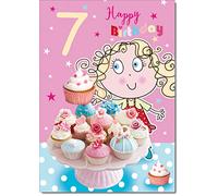 doodlecards 7th Birthday Card Age 7 Cupcakes Medium Size with Plain Envelope
