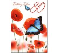 doodlecards 80th Birthday Card Age 80 Butterfly and Poppies Medium Size with Plain Envelope