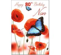 doodlecards 80th Nan Age 80 Birthday Card Butterfly and Poppies Medium Size with Plain Envelope
