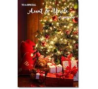doodlecards Aunt and Uncle Christmas Card Teddy by Christmas Tree Medium Size Christmas Card for Aunt & Uncle with Plain Envelope