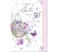 doodlecards Auntie 50th Birthday Card Age 50 Purple Hanging Basket