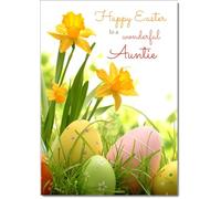 doodlecards Auntie Easter Card Daffodils & Eggs Medium Size with Plain Envelope