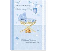 doodlecards Baby Boy Christening Card Baby Basket Medium Size with Plain Envelope