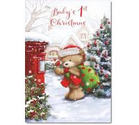 doodlecards Babys First Christmas Christmas Card Cute Bear at Post Box Medium Size with Plain Red Envelope, 21 x 15cm