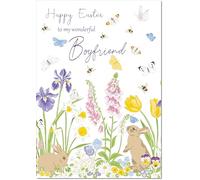 doodlecards Boyfriend Easter Card Spring Flowers with Bunnies Medium Size with Plain Envelope