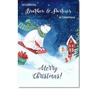 doodlecards Brother and Partner Christmas Card Bear on Sled Medium Size Christmas Card for Brother & Partner with Plain Envelope