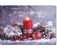doodlecards Brother and Partner Christmas Card Festive Red Candle Medium Size Christmas Card for Brother & Partner with Plain Envelope