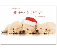 doodlecards Brother and Partner Christmas Card Puppies with Santa Hat Medium Size Christmas Card for Brother & Partner with Plain Envelope
