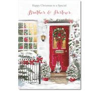 doodlecards Brother and Partner Christmas Card Red Door Medium Size Christmas Card for Brother & Partner with Plain Envelope