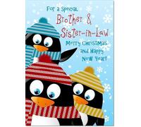 doodlecards Brother and Sister in Law Christmas Card Three Penquins Medium Size Christmas Card for Brother & Sister-in-Law with Plain Envelope
