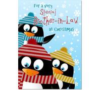 doodlecards Brother in Law Christmas Card Three Penquins Medium Size Christmas Card for Brother in Law with Plain Envelope