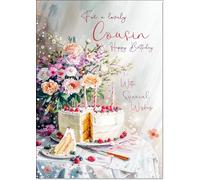 doodlecards Cousin Birthday Card Birthday Cake and Flowers Large A4 Size with Plain Envelope