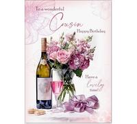 doodlecards Cousin Birthday Card Roses and Red Wine Medium Size with Plain Envelope