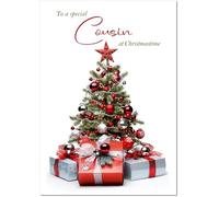 doodlecards Cousin Christmas Card Christmas Tree and Parcels Medium Size Christmas Card for Cousin with Plain Envelope