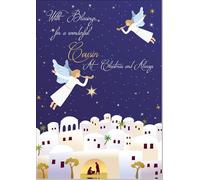 doodlecards Cousin Christmas Card Nativity Scene Angels Bethlehem Medium Size Christmas Card for Cousin with Plain Envelope