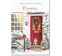 doodlecards Cousin Christmas Card Red Door Medium Size with Plain Red Envelope, 21 x 15cm
