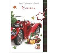 doodlecards Cousin Christmas Card Red Vintage Car Large A4 Size Christmas Card for Cousin with Plain Envelope