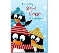 doodlecards Cousin Christmas Card Three Penquins Medium Size Christmas Card for Cousin with Plain Envelope