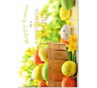 doodlecards Cousin Easter Card Basket of Eggs Medium Size with Plain Envelope