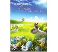 doodlecards Cousin Easter Card Bunnies in Field Medium Size with Plain Envelope