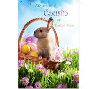 doodlecards Cousin Easter Card Bunny in Basket Medium Size with Plain Envelope