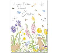 doodlecards Cousin Easter Card Spring Flowers with Bunnies Medium Size with Plain Envelope