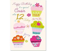 doodlecards Cousin Female 12th Birthday Card Age 12 Bright Cupcakes