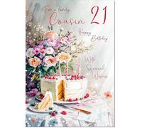 doodlecards Cousin Female 21st Birthday Card Age 21 Birthday Cake and Flowers