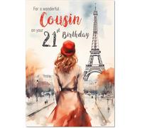 doodlecards Cousin Female 21st Birthday Card Age 21 Paris, Eiffel Tower