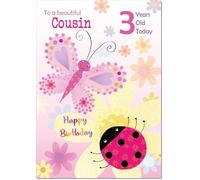doodlecards Cousin Female 3rd Birthday Card Age 3 Ladybird and Butterfly