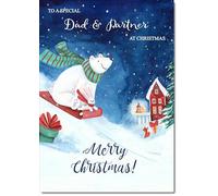 doodlecards Dad and Partner Christmas Card Bear on Sled Medium Size Christmas Card for Dad & Partner with Plain Envelope
