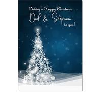 doodlecards Dad & Step Mum Christmas Card Blue Abstract Christmas Tree Medium Size with Plain Red Envelope, 21 x 15cm