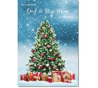 doodlecards Dad & Step Mum Christmas Card Christmas Tree & Parcels Medium Size with Plain Red Envelope, 21 x 15cm