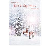 doodlecards Dad & Step Mum Christmas Card Deers in est Medium Size Plain Red Envelope, 21 x 15cm