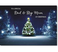 doodlecards Dad & Step Mum Christmas Card Tree in Dark Sky Medium Size with Plain Red Envelope, 21 x 15cm
