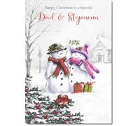 doodlecards Dad & Step Mum Christmas Card Two Snowmen Medium Size with Plain Red Envelope, 21 x 15cm