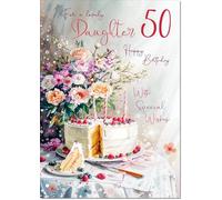 doodlecards Daughter 50th Birthday Card Age 50 Birthday Cake and Flowers