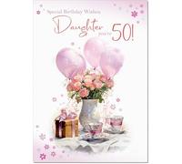 doodlecards Daughter 50th Birthday Card Age 50 Tea Party and Balloons | Medium Size. Includes Plain Envelope for Sending. Printed in the UK on Thick Italian Board. Eco Friendly 100% Recyclable.