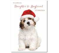 doodlecards Daughter and Boyfriend Christmas Card Dog and Santa Hat Medium Size Christmas Card for Daughter & Boyfriend with Plain Envelope