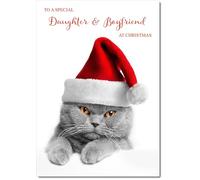 doodlecards Daughter and Boyfriend Christmas Card Grey Cat with Santa Hat Medium Size Christmas Card for Daughter & Boyfriend with Plain Envelope