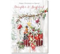 doodlecards Daughter and Boyfriend Christmas Card Wine and Parcels Medium Size Christmas Card for Daughter & Boyfriend with Plain Envelope