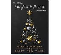 doodlecards Daughter and Partner Christmas Card Black Abstract Christmas Tree Large A4 Size Christmas Card for Daughter & Partner with Plain Envelope