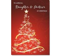 doodlecards Daughter and Partner Christmas Card Red Abstract Christmas Tree Large A4 Size Christmas Card for Daughter & Partner with Plain Envelope