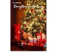 doodlecards Daughter and Partner Christmas Card Teddy by Christmas Tree Medium Size Christmas Card for Daughter & Partner with Plain Envelope