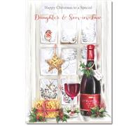 doodlecards Daughter and Son in Law Christmas Card Red Wine Bottle Medium Size Christmas Card for Daughter & Son-in-Law with Plain Envelope